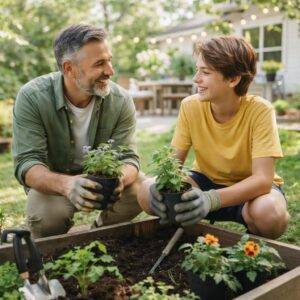Image of two people planting vegetables one person older and one younger talking