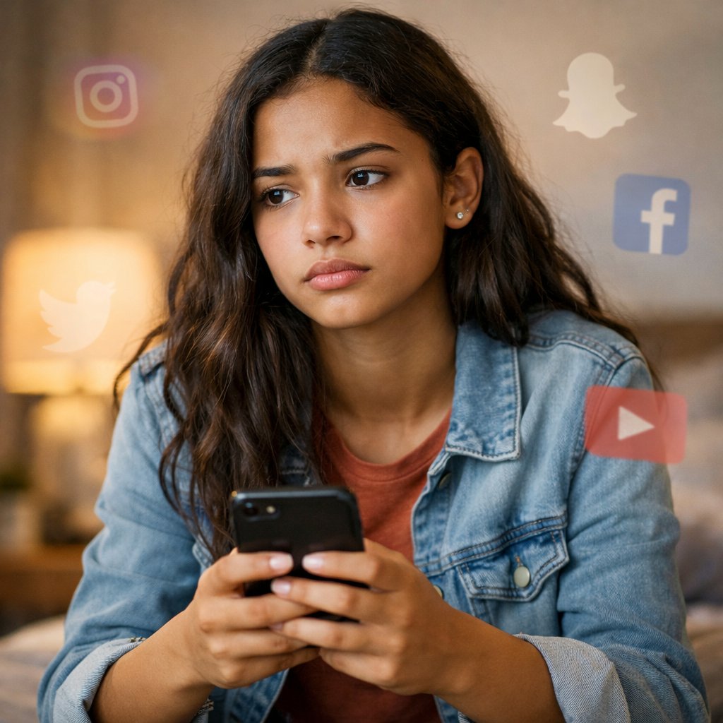 Young person holding a Smartphone with images of social media logos on the screen