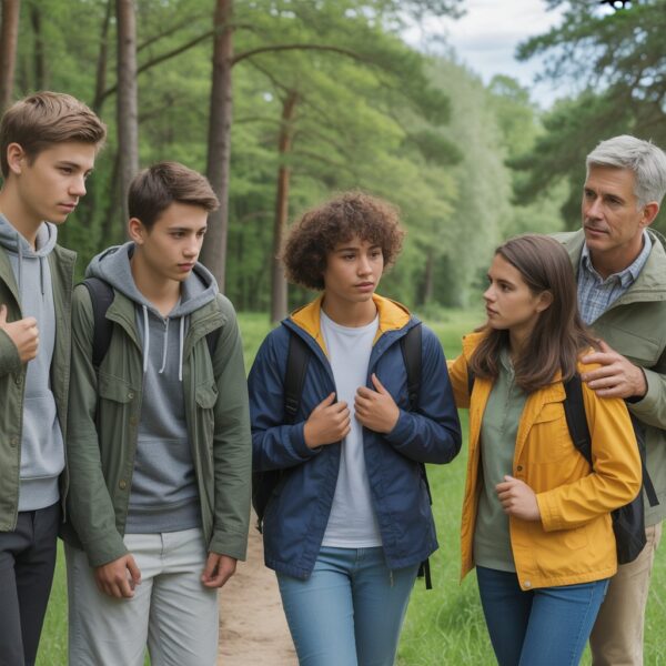 Image of teens talking with older adult in wilderness wearing backpacks