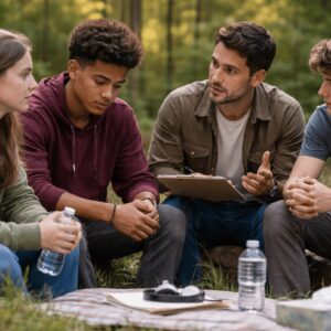 Three teens sitting outside with a counselor talking.