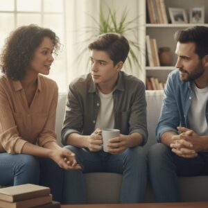 Parents sit with their teen son who is holding a tea cup on a couch talking.