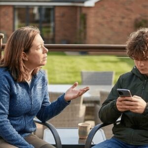Sitting on a backyard deck, a mother tries to talk to her teen son, who is absorbed in his phone.