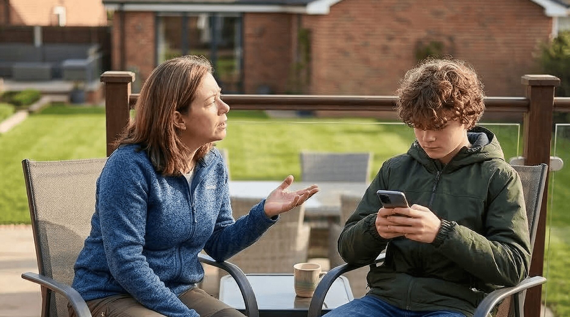 Sitting on a backyard deck, a mother tries to talk to her teen son, who is absorbed in his phone.