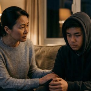 A mother sits with her teenage son in the living room with a concerned look on her face.