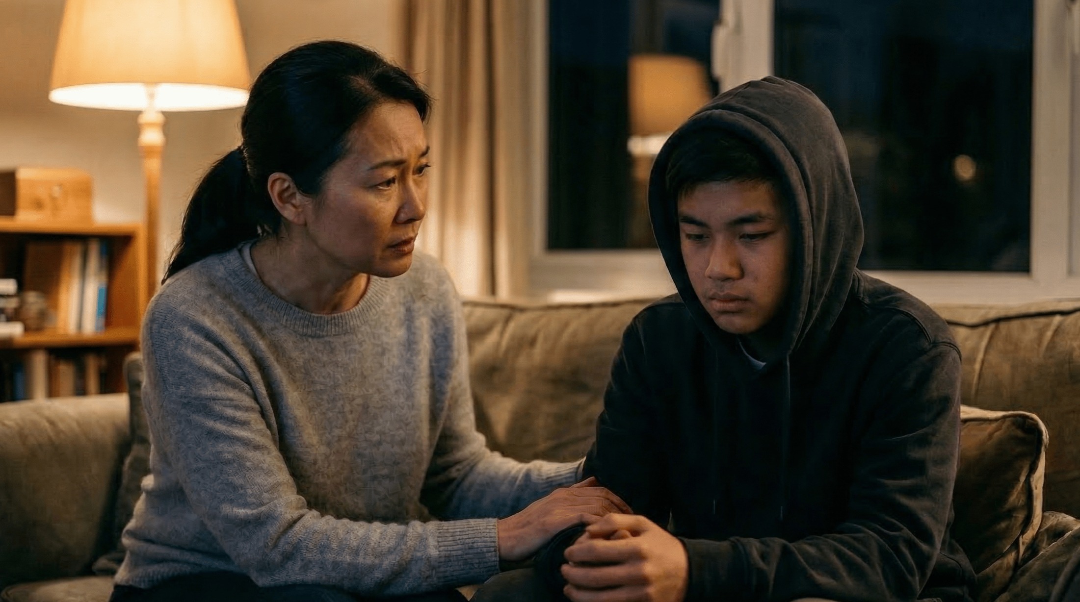 A mother sits with her teenage son in the living room with a concerned look on her face.