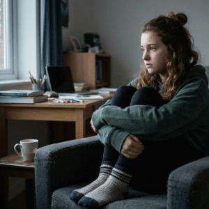 Teenager sitting and looking out a window with an anxious look on her face and body posture.