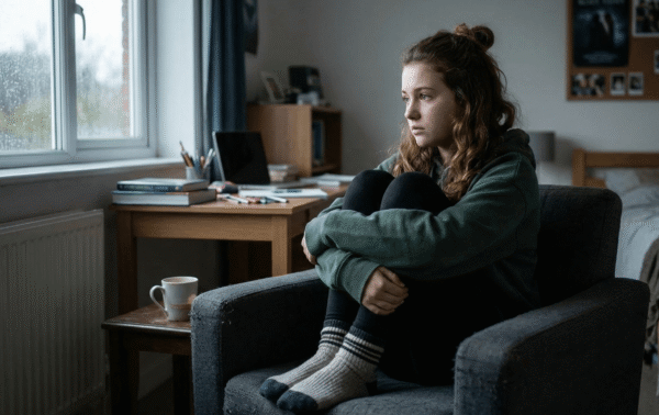 Teenager sitting and looking out a window with an anxious look on her face and body posture.
