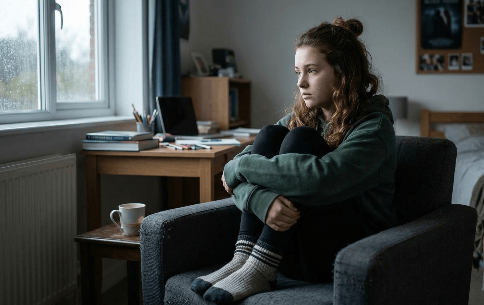 Teenager sitting and looking out a window with an anxious look on her face and body posture.