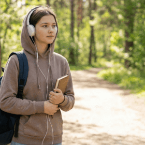 Teen girl stands in nature with headphones and a journal.