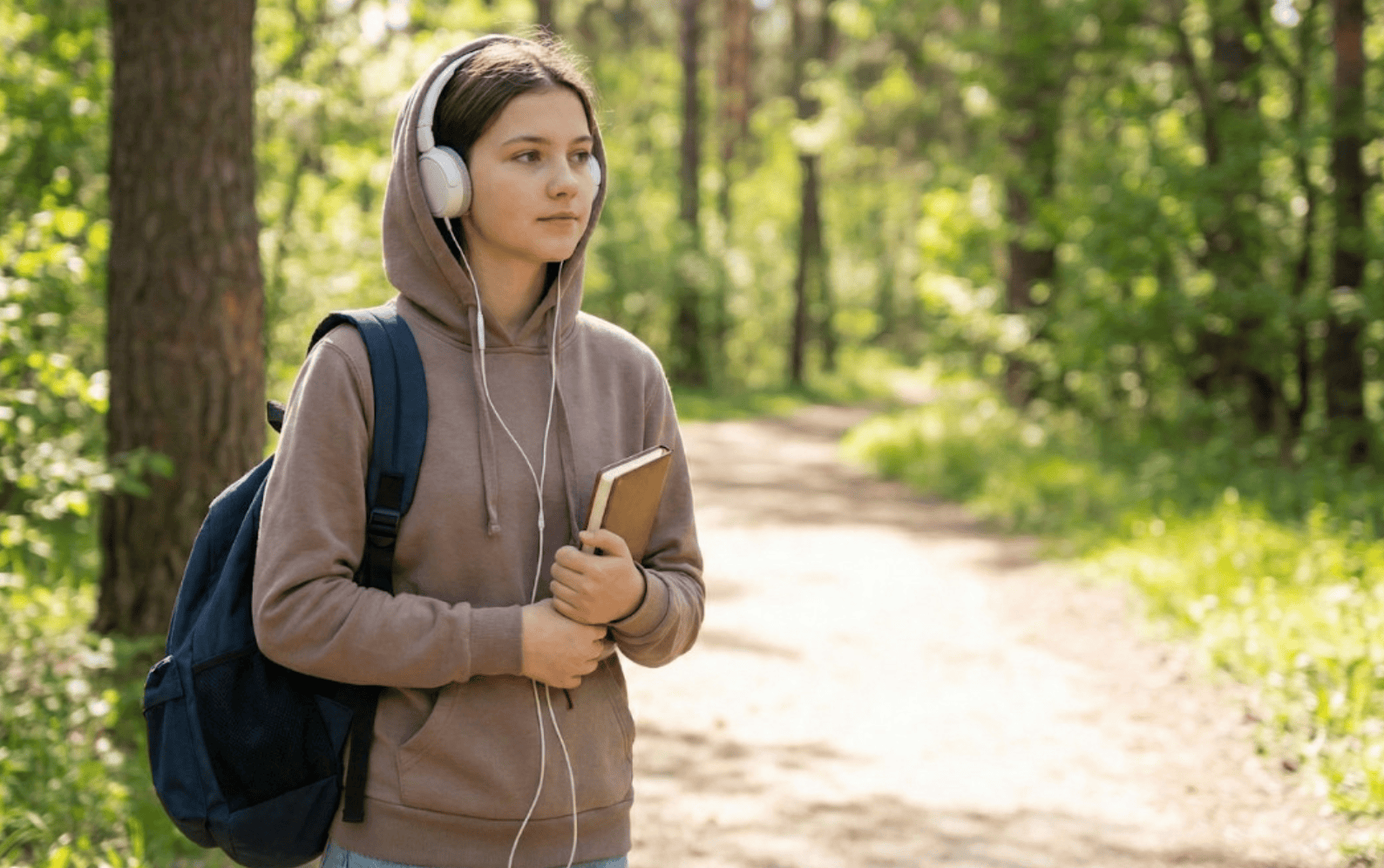 Teen girl stands in nature with headphones and a journal.